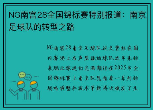 NG南宫28全国锦标赛特别报道：南京足球队的转型之路