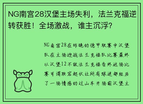 NG南宫28汉堡主场失利，法兰克福逆转获胜！全场激战，谁主沉浮？
